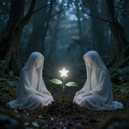 Photograph of two ethereal white-robed figures kneeling on forest floor, facing each other, surrounding a glowing starflower in dark, misty woods