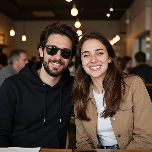 Photograph of a smiling couple in a dimly lit café; man with dark beard and sunglasses, black hoodie; woman with brown jacket, white top