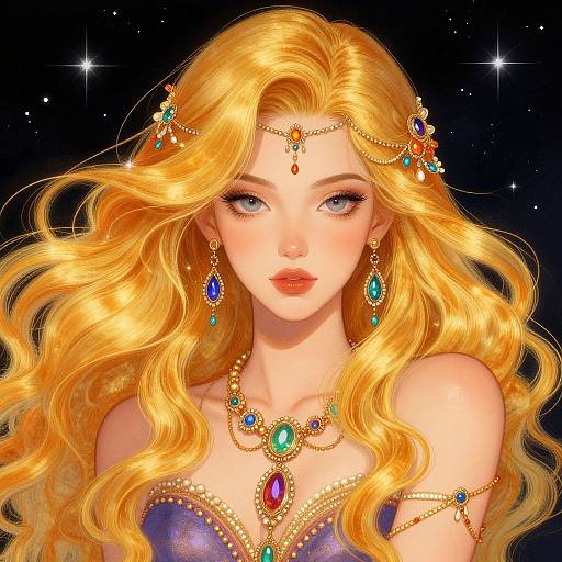 Digital art of a beautiful, fair-skinned woman with long, wavy blonde hair, wearing elaborate golden jewelry with colorful gemstones, against a star
