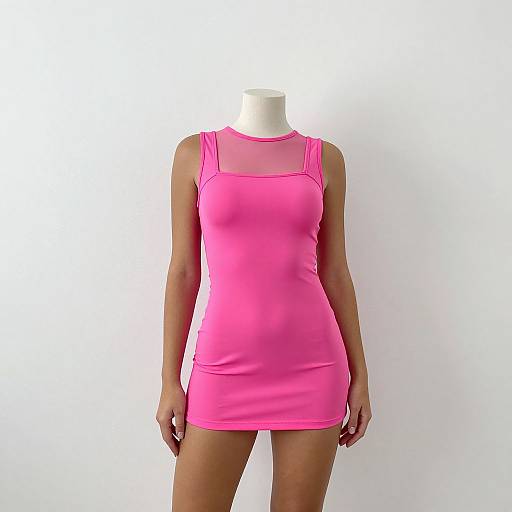Photograph of a headless, white mannequin wearing a form-fitting, bright pink mini dress with sheer straps against a plain white background.