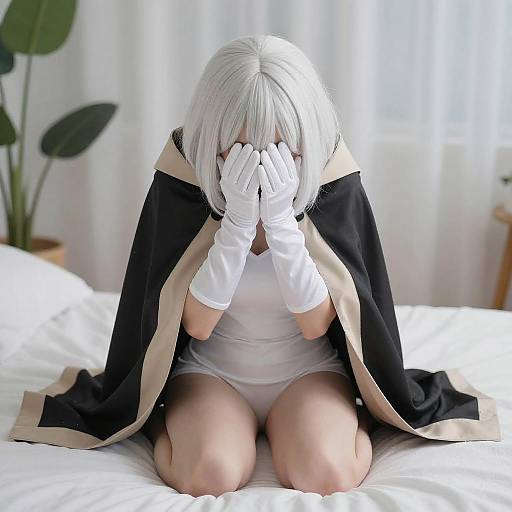 Kneeling White-Haired Person in Cloak