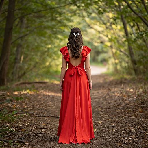 Photograph of a woman with long dark hair, wearing a vibrant red, backless ball gown, standing on a forest path with sunlight filtering through trees