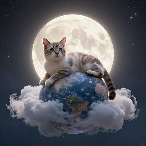 Photorealistic digital art: Tabby cat with blue eyes lounges on a cloud-covered Earth, illuminated by a bright full moon in a starry