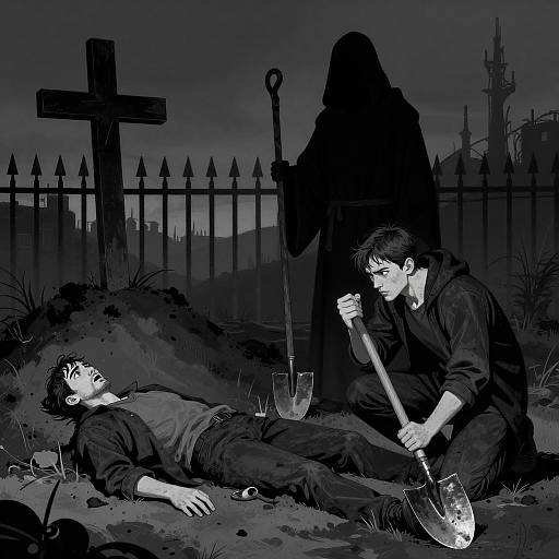 Dark Graveyard Scene with Hooded Figure