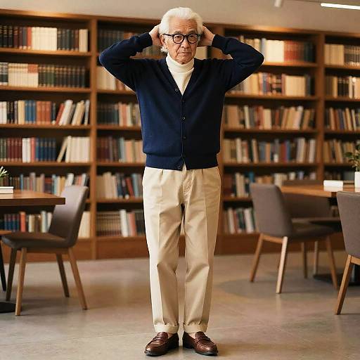 Elderly Man Fashion Portrait in Library