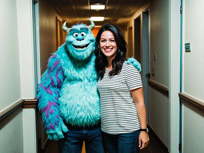 Photograph of a smiling woman with long black hair in a striped shirt, standing in a hallway next to a blue, furry, horned monster costume