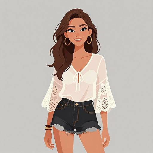 Digital illustration of a smiling woman with long brown hair, wearing a white lace blouse, dark denim shorts, and large gold hoop earrings.