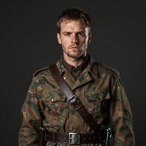 Photograph of a serious, blue-eyed, blond-haired man in camouflage military uniform with brown strap, black background, studio lighting.