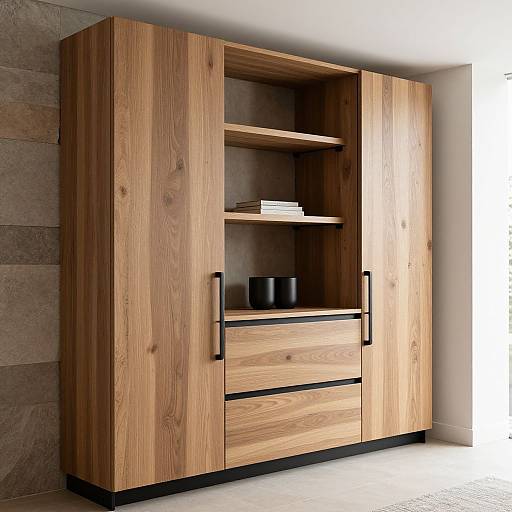 Photograph of a modern wooden cabinet with natural wood grain, black metal handles, two open shelves, and three drawers, against a gray tile wall.