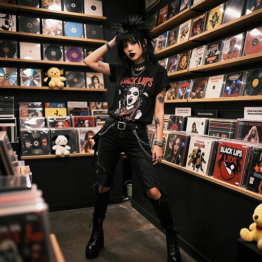 Photograph of a punk-rock styled man with black spiky hair, black lipstick, torn jeans, and chains, standing in a record store filled with