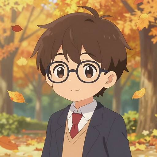 Anime-style drawing of a young boy with brown hair, glasses, and a school uniform, standing in an autumn forest with falling leaves.