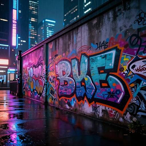Vibrant city night scene: neon-lit skyscrapers, wet pavement reflecting colorful graffiti on a concrete wall, urban art in full display.