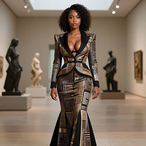 Photograph of a confident Black woman with curly hair, wearing a geometric-patterned, black-and-gold, deep V-neck suit, walking on a