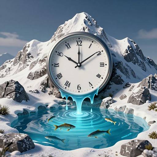 Photorealistic digital artwork: A large clock with melting ice and glowing blue water, surrounded by snowy mountains and fish swimming.