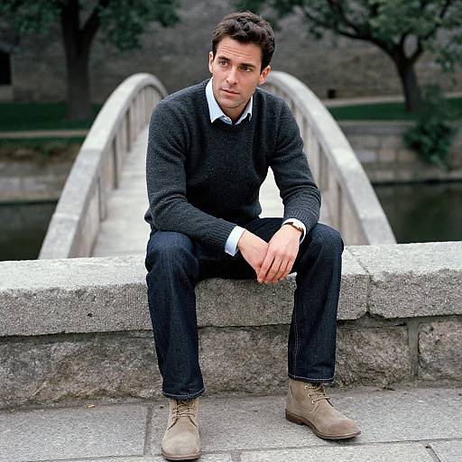Photograph of a serious, dark-haired man in a black sweater, white shirt, dark jeans, and tan boots, sitting on a stone bench by