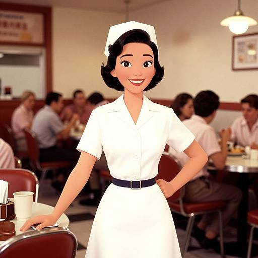 Digital illustration of a smiling, black-haired female waitress in a white uniform and cap, standing in a bustling diner with patrons in the background.