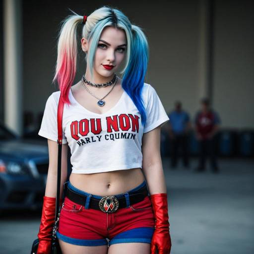 Woman in Harley Quinn Costume with Multicolored Hair