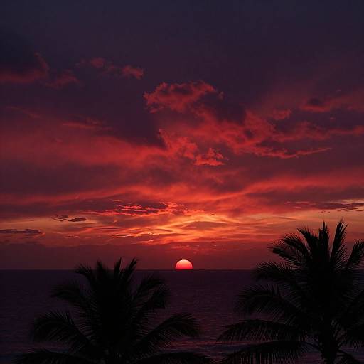 Photograph of a vivid red sunset over the ocean, with silhouetted palm trees in the foreground and dramatic, colorful clouds above.