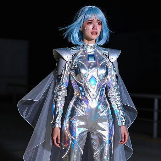 Photograph of a young woman with blue bob haircut in a shiny, metallic silver spacesuit with transparent cape, standing against a dark background.