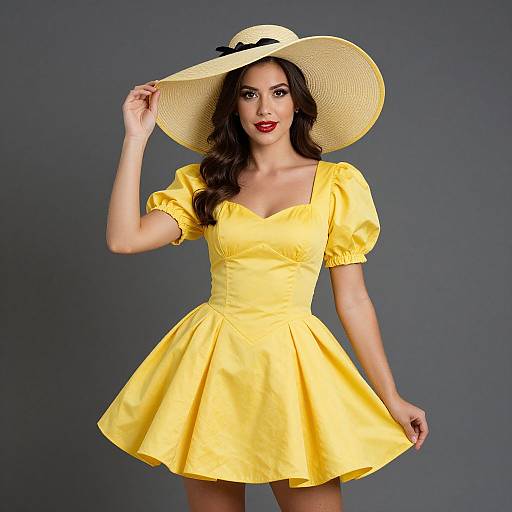 Photograph of a fair-skinned woman with long dark hair, wearing a bright yellow dress and wide-brimmed straw hat, against a gray background