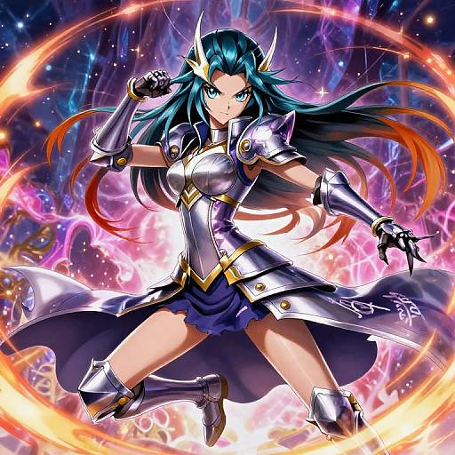Digital anime-style drawing of a fierce, armored woman with long teal hair, glowing blue eyes, and horned helmet, surrounded by colorful, swirling energy