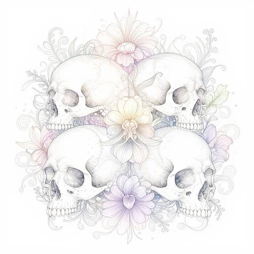 Digital drawing of four white skulls overlapping, surrounded by delicate, pastel-colored flowers with intricate linework, creating a hauntingly beautiful contrast.