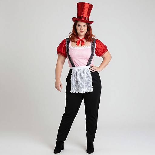 Photograph of a red-haired woman in a red top hat, red puffed-sleeve blouse, white lace apron, and black pants,
