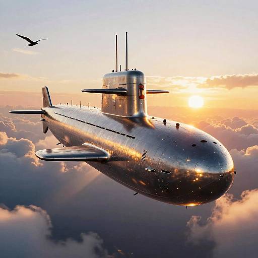 Photorealistic CGI of a silver submarine flying above a sunlit, cloudy sky with a bird in the background.