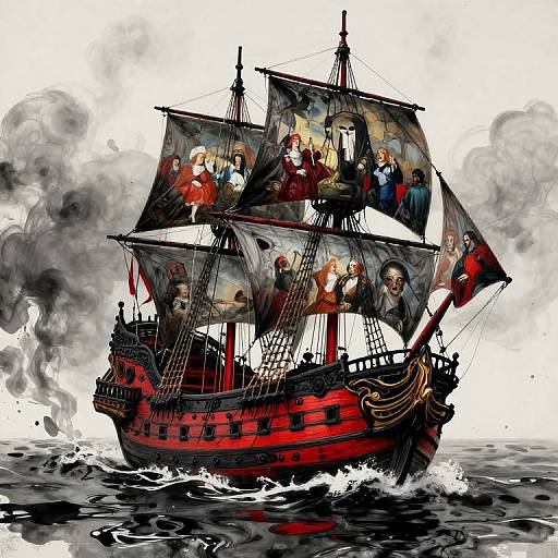 17th Century Spanish Red Galleon with Goya Paintings on Sails