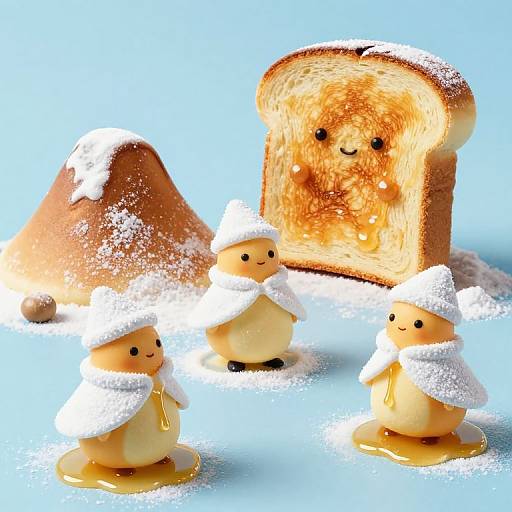 Photorealistic CGI of three adorable, snowy-caped, yellow chick figurines with honey pools, standing by a toasty, smiling bread slice and