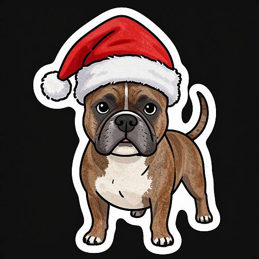 Digital drawing of a brown bulldog with a white chest wearing a red and white Santa hat on a black background.