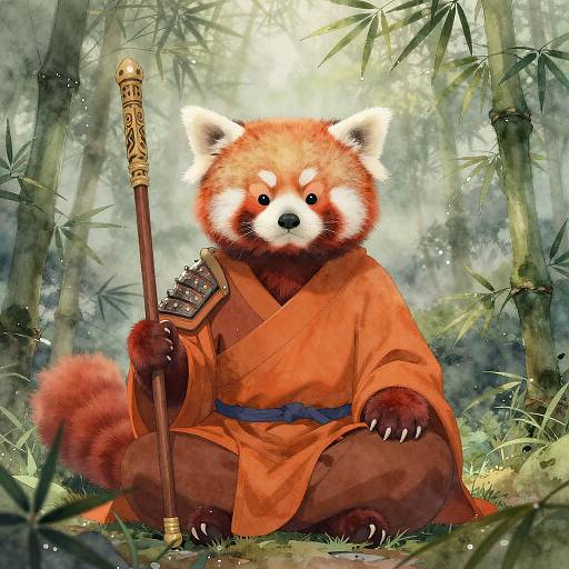 Red Panda Warrior Monk in Mystical Bamboo