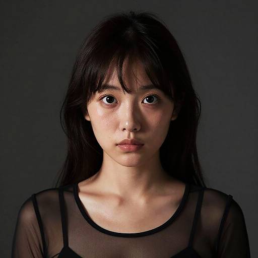 Photograph of an Asian woman with long black hair, wearing a sheer black top, against a dark background, looking directly at the camera with a neutral