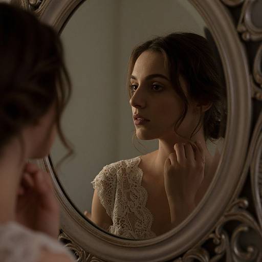 Photograph of a woman with dark hair, wearing a lace off-shoulder top, reflected in an ornate oval mirror, gazing intently