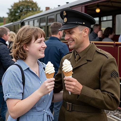 Photograph of a smiling young woman in a blue checkered dress and a smiling older man in a brown military uniform, both holding ice cream cones,