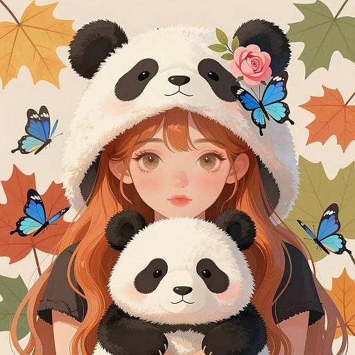 Charming Young Woman with Panda and Butterflies