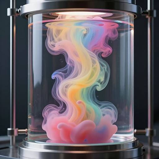 Photograph of a vibrant, swirling, rainbow-colored smoke vortex inside a transparent cylindrical container with metallic ends, illuminated by bright light.