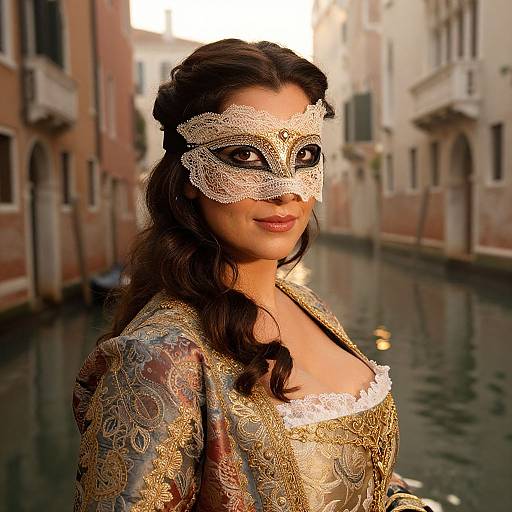 Photograph of a woman with dark hair in an ornate lace Venetian mask, wearing a gold-patterned dress, standing in a narrow,