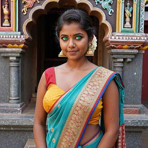 Photograph of an Indian woman with green eye makeup, wearing a colorful sari with gold embroidery, standing in front of an ornate, temple-like