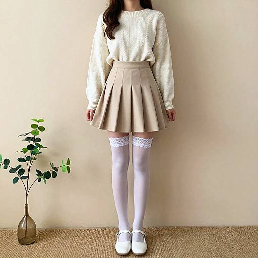 Photograph of a woman in a white knit sweater, beige pleated skirt, white lace-top thigh-high stockings, and white shoes, standing against a