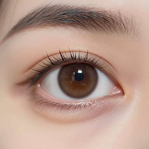 Close-up photograph of a brown eye with dark lashes, subtle pinkish skin, and well-groomed black eyebrow, highlighting detailed textures and natural beauty