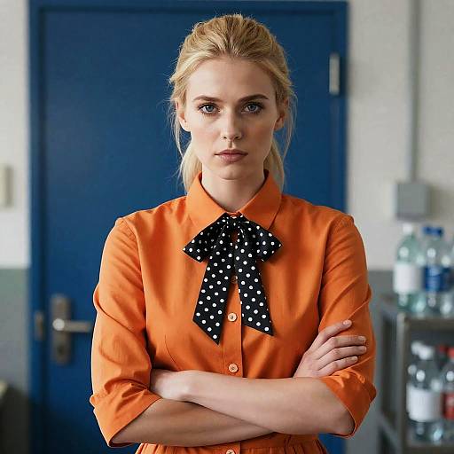Blonde Woman in Orange Dress with Polka Dot Bow Tie
