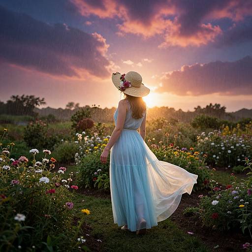 Photograph of a woman in a flowing blue dress and straw hat, standing in a vibrant flower garden at sunset, with colorful clouds in the sky.