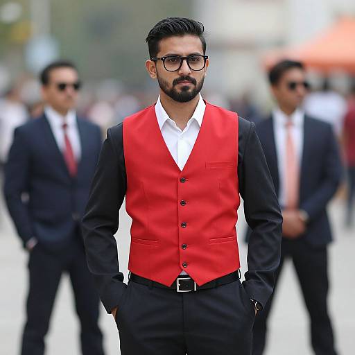 Photograph of a bearded man with black hair, glasses, and black suit, wearing a bright red vest, standing confidently in front of two blurred
