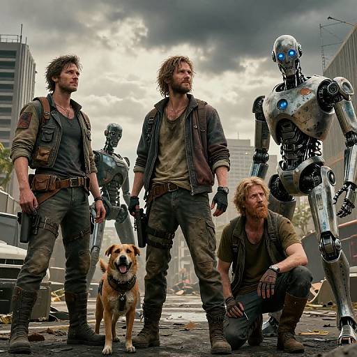 Photorealistic CGI: Four rugged men, one kneeling, two standing, one robotic, with a dog in a post-apocalyptic, ruined cityscape