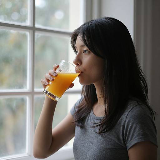 Photograph of an Asian woman with long black hair, wearing a gray t-shirt, drinking orange juice by a sunlit window.