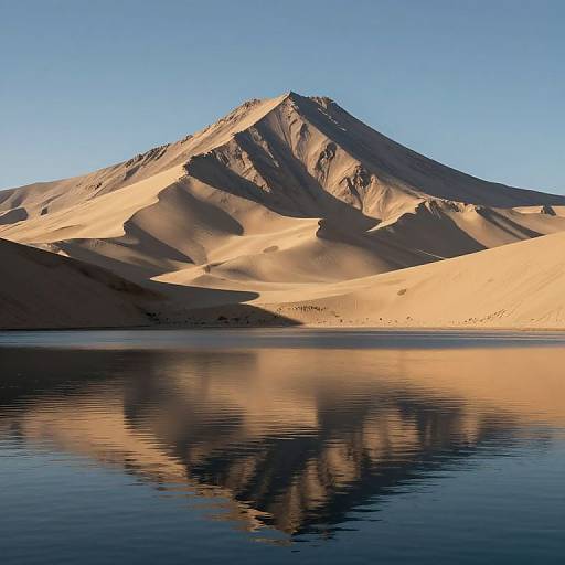Photograph of a sunlit, golden-brown mountain reflected in a calm, blue lake under a clear, bright blue sky.