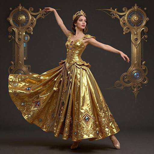 Photograph of a fair-skinned woman in an elaborate, gold, Victorian-style ball gown with blue gemstones, dancing gracefully against a dark background,