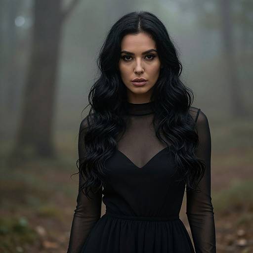 Photograph of a mysterious, dark-haired woman with long wavy hair, wearing a sheer black dress, standing in a foggy forest.