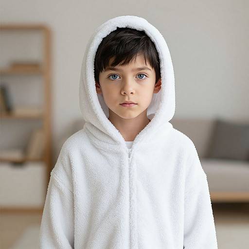 Photograph of a young boy with fair skin and blue eyes, wearing a white, fluffy hooded bathrobe, standing in a softly lit, modern